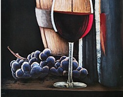 Tableau tonneau et verre de vin rouge Hexoa